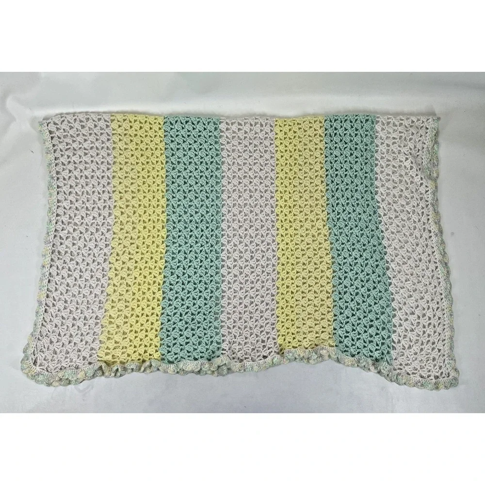 Baby Crochet Afghan Blanket‎ Pastel Striped Green Yellow White 56x48